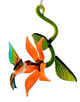Kolibri in Blüte mit Blatt, hängend (Blüte:gelb/Kolibri:braun-grün-hellblau)